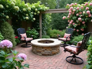 Cottage Garden Brick Patio Retreat - Charming brick patio with a rustic stone fire pit, surrounded by cottage garden plantings including hydrangeas and climbing roses, with vintage metal furniture