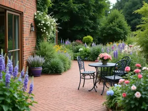 Cottage Garden Brick Patio - Charming red brick patio with basket weave pattern, surrounded by overflowing cottage garden borders with delphiniums, foxgloves, and roses, featuring vintage metal furniture