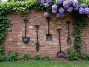 Cottage Garden Brick Wall - A weathered brick wall with climbing hydrangea and wisteria, featuring vintage garden tools as wall art