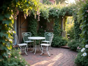 Cottage Garden Round Brick Patio - Charming circular brick patio with weathered red bricks, surrounded by climbing roses, delphiniums, and foxgloves, with a vintage metal bistro set, soft evening light