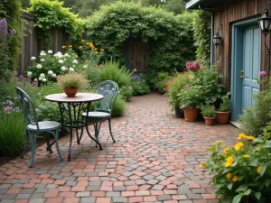 Cottage Style Brick Patio - A whimsical brick patio with a random pattern of mixed-color bricks, surrounded by flowering herbs and cottage garden flowers, with vintage bistro set