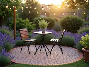 Cozy Circular Brick Patio - A small circular brick patio with a herringbone pattern, surrounded by lavender plants and featuring a compact bistro set and string lights overhead, photographed at golden hour