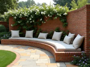 Curved Brick Wall with Seating - A sweeping curved brick wall with built-in bench seating, cushions, and climbing jasmine