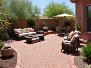 Desert Oasis Brick Patio - Red brick patio with basket weave pattern, surrounded by desert landscaping, featuring contemporary outdoor furniture and a modern water feature