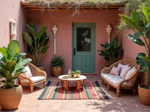 Dusty Rose Bohemian Patio - A bohemian-style patio with dusty rose painted bricks, macramé decorations, monstera plants in woven baskets, and colorful floor cushions