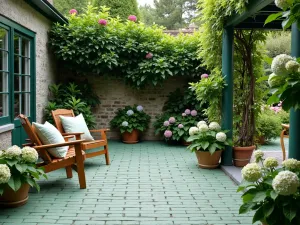 Emerald Green Traditional Patio - A traditional patio with emerald green painted bricks, classic wooden furniture, potted hydrangeas, and formal garden elements