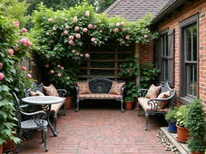 English Cottage Brick Corner - A charming corner brick patio with weathered red bricks, featuring climbing roses on a wooden trellis, vintage iron furniture, and cobblestone edges