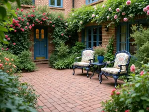 English Cottage Brick Patio Garden - A charming brick patio with traditional running bond pattern, surrounded by cottage garden flowers, climbing roses, and vintage metal furniture