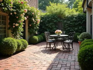 English Garden Brick Patio - A classic brick patio with a basketweave pattern, surrounded by climbing roses and boxwood hedges, featuring an elegant iron garden table set, morning light