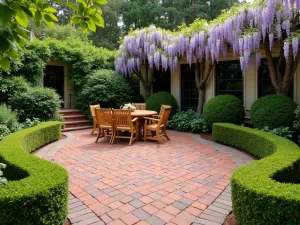 English Garden Brick Terrace - Traditional red brick patio with basketweave border and running bond center, surrounded by clipped box hedges, climbing wisteria, and classic teak furniture