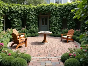 English Manor Round Patio - Traditional circular brick patio with basketweave pattern, surrounded by climbing ivy and flowering perennials, featuring classic teak furniture and a central sundial