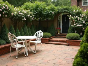 French Country Brick Courtyard - A charming raised brick patio with honey-colored pavers, featuring vintage French bistro furniture, surrounded by perfectly manicured topiaries and climbing roses