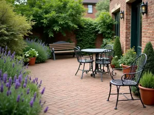 French Country Brick Design - A charming brick patio with honey-colored pavers, featuring lavender borders, vintage metal furniture, and a small herb garden in terracotta pots