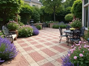 French Country Brick Patio - An elegant brick patio with a diamond pattern using buff and rose-colored bricks, surrounded by lavender and roses, with wrought iron furniture