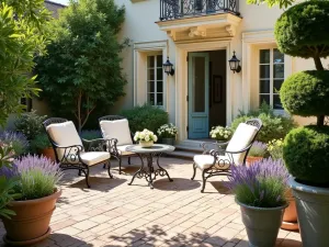 French Country Cream Patio - A French country patio with cream painted bricks, wrought iron furniture, potted lavender and boxwood topiaries, afternoon sunlight