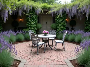 French Country Round Patio - Romantic circular brick patio with herringbone pattern, surrounded by lavender beds and climbing wisteria, featuring vintage-inspired wrought iron furniture