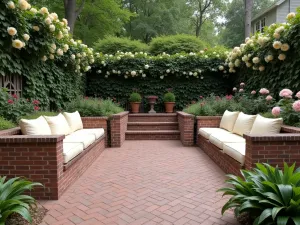 Herringbone Brick Garden Retreat - An elevated brick patio laid in a herringbone pattern, surrounded by built-in brick seating walls with cream-colored cushions, accented by climbing roses and boston ivy