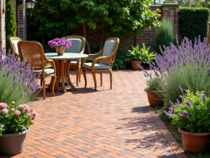 Herringbone Pattern Brick Patio with Lavender Border - A sophisticated herringbone pattern brick paver patio in warm terracotta tones, bordered by blooming lavender, photographed in natural sunlight with vintage-style rattan furniture