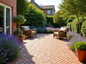 Herringbone Brick Patio with Lavender Border - A pristine herringbone-pattern brick patio in warm terracotta tones, bordered by lush lavender plants in full bloom, with comfortable wicker furniture, shot in afternoon light