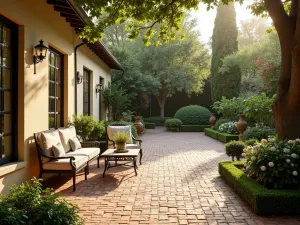 Classic Herringbone Brick Patio - An elegant patio with herringbone pattern brick flooring, matching walls, classic wrought iron furniture, and formal garden borders, late afternoon sunlight