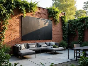 Industrial Brick Wall with Metal Art - An exposed brick patio wall featuring large-scale metal wall art, industrial style with climbing ivy, moody afternoon lighting