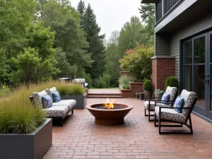 Industrial-Style Brick Patio Space - Industrial-inspired brick patio with cor-ten steel fire pit, metal furniture, and architectural grasses in steel planters