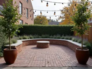 Industrial Chic Brick Patio - A modern brick patio using dark clinker bricks in a stacked pattern, with cor-ten steel planters and industrial-style string lighting overhead