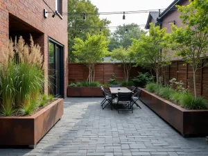 Industrial Chic Brick Space - A raised brick patio with dark gray pavers, featuring cor-ten steel planters, modern metal furniture, and tall ornamental grasses, with industrial-style overhead lighting