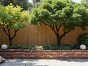 Japanese-Inspired Brick Wall - A brick wall with bamboo screening and Japanese maple, featuring minimalist stone lanterns