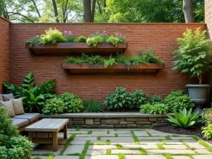 Living Brick Wall Garden - A red brick patio wall transformed into a vertical garden with built-in planting pockets filled with ferns, moss, and small flowering plants