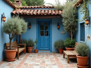 Mediterranean Blue Brick Patio - A Mediterranean-style patio with weathered blue painted bricks, terracotta pots filled with olive trees and rosemary, rustic wooden furniture, photorealistic