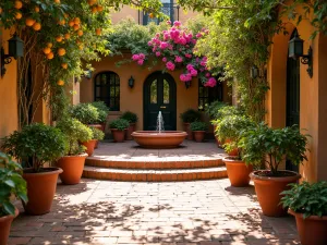 Mediterranean Brick Courtyard - A sun-drenched brick courtyard patio with weathered red bricks, terracotta pots filled with citrus trees and bougainvillea, featuring a small bubbling fountain