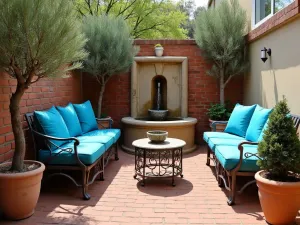 Mediterranean Brick Haven - A small brick patio with terracotta-colored pavers, featuring a rustic fountain, potted olive trees, and wrought iron furniture with bright blue cushions