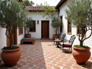 Mediterranean Brick Patio with Olive Trees - A rustic brick patio with weathered red pavers, featuring potted olive trees and terracotta planters, white stucco walls, and wrought iron furniture