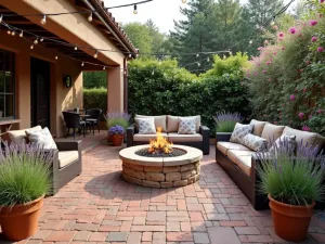 Mediterranean Brick Patio Fire Pit Oasis - A rustic Mediterranean-style brick patio with a large stone fire pit, terracotta planters filled with lavender and rosemary, string lights overhead, and comfortable wicker seating