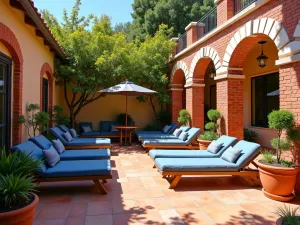 Mediterranean Red Brick Terrace - A sun-drenched Mediterranean-style patio with red brick walls, terracotta tiles, potted citrus trees, and white stucco accents, featuring comfortable lounge seating with blue cushions