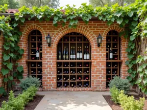 Mediterranean Brick Wine Wall - A rustic brick wall with built-in wine bottle storage niches, surrounded by grape vines and fig trees