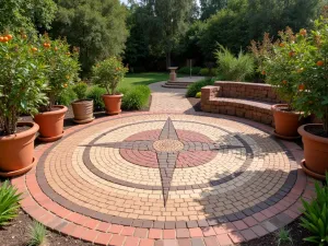 Mediterranean Compass Rose Patio - Round brick patio featuring a compass rose design in contrasting brick colors, surrounded by terra cotta pots with citrus trees and Mediterranean herbs