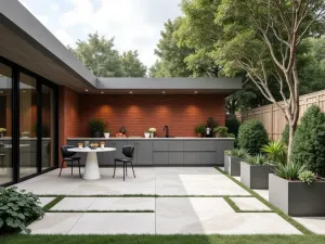 Modern Minimalist Brick Patio - A clean-lined minimalist patio with red brick accent wall, concrete pavers, sleek outdoor kitchen, and geometric planters with architectural plants