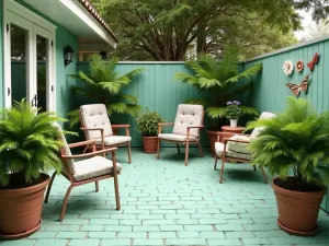 Mint Green Retro Patio - A retro-inspired patio with mint green painted bricks, vintage metal lawn chairs, ferns in classic planters, and period appropriate decorations