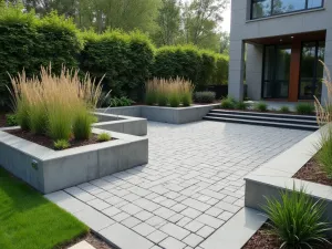 Contemporary Mixed-Material Brick Patio - A modern patio combining sleek gray brick pavers with concrete bands, featuring built-in seating and geometric planters with ornamental grasses