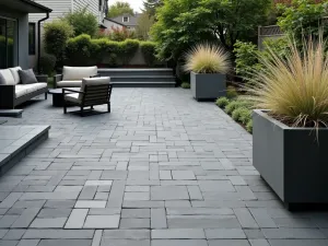 Modern Basket Weave Brick Patio - A contemporary basket weave pattern brick patio in slate gray tones, featuring clean lines, minimalist furniture, and geometric planters with ornamental grasses