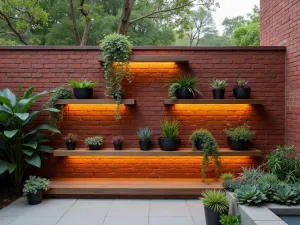 Modern Brick Wall with Floating Wooden Shelves - A contemporary red brick patio wall with sleek floating wooden shelves displaying potted succulents and trailing plants, minimalist design, warm evening lighting