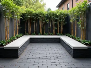 Modern Courtyard Brick Design - A contemporary small brick patio featuring dark charcoal bricks in a running bond pattern, with built-in concrete benches and minimalist potted bamboo, architectural photography style