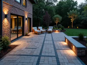 Modern Geometric Brick Space - A contemporary brick patio with alternating dark and light pavers creating geometric patterns, featuring built-in LED lighting and minimalist furniture