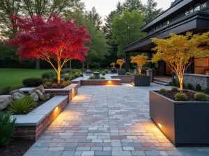 Modern Gradient Brick Design - A contemporary raised brick patio featuring a gradient pattern from light to dark bricks, with built-in LED lighting and sleek metal planters containing Japanese maples