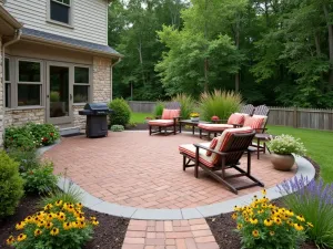 Modern Prairie Brick Design - A raised brick patio with warm-toned pavers, featuring clean lines, prairie-style furniture, and borders of ornamental grasses, black-eyed susans, and native perennials