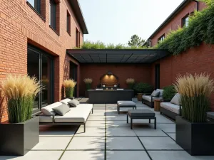 Modern Red Brick Courtyard Patio - A modern courtyard patio with red brick walls and gray stone flooring, featuring sleek outdoor furniture, minimalist planters with tall ornamental grasses, and contemporary metal pergola, photorealistic