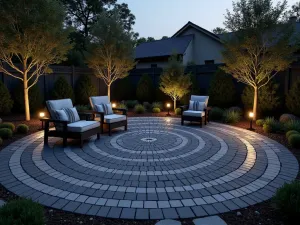 Modern Spiral Brick Patio - Contemporary round brick patio with spiral pattern layout, featuring dark charcoal bricks, minimalist outdoor furniture, and strategic LED ground lighting, twilight atmosphere