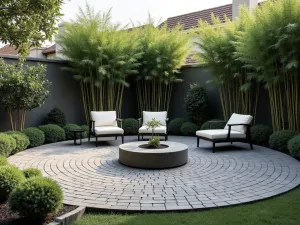 Modern Zen Circle Patio - Minimalist round brick patio with clean lines and dark grey bricks, featuring a central zen garden area, modern lounge furniture, and carefully placed tall bamboo